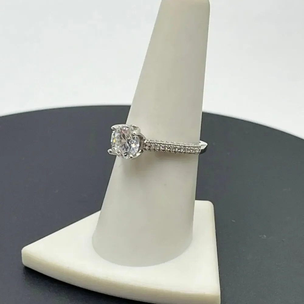 925 Sterling Silver Cathedral Solitaire Ring‎ 7mm Round CZ Pavé Accents Size 8